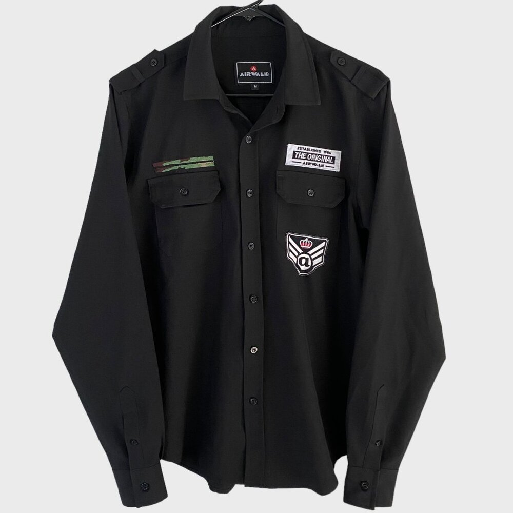 Airwalk Button-Up Work Shirt Men's Medium M Black Long-Sleeve Pockets Patches